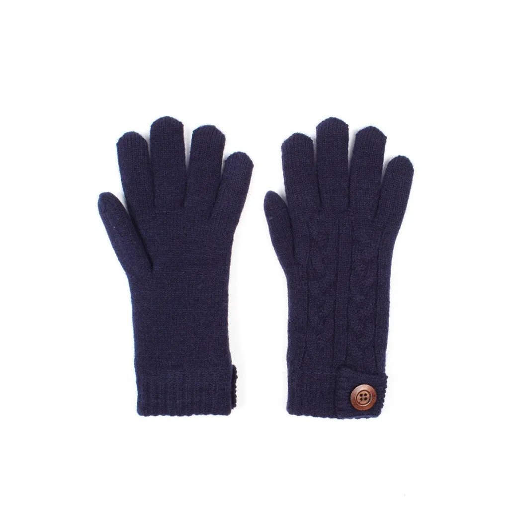 Womens Cable Knit Winter Gloves with Wooden Button Lined