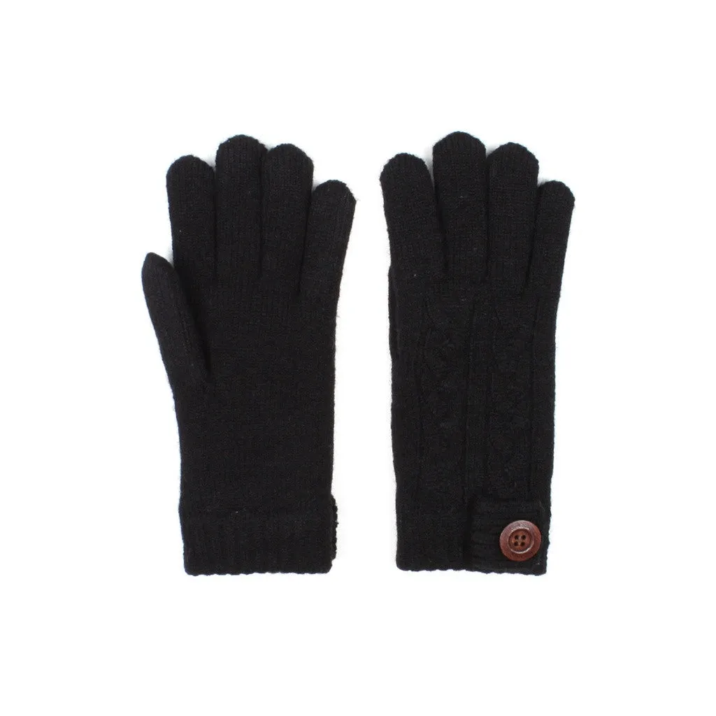 Womens Cable Knit Winter Gloves with Wooden Button Lined