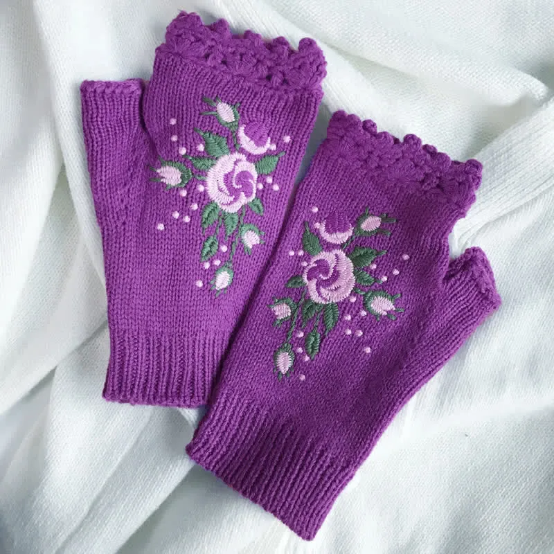 Women's Flower Embroidered Half Finger Knit Gloves