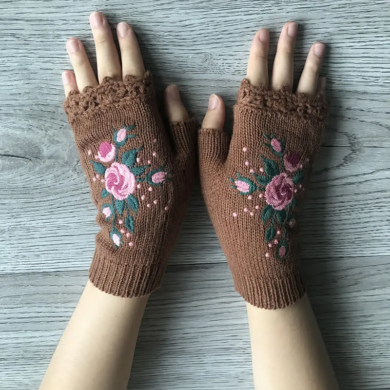 Women's Flower Embroidered Half Finger Knit Gloves