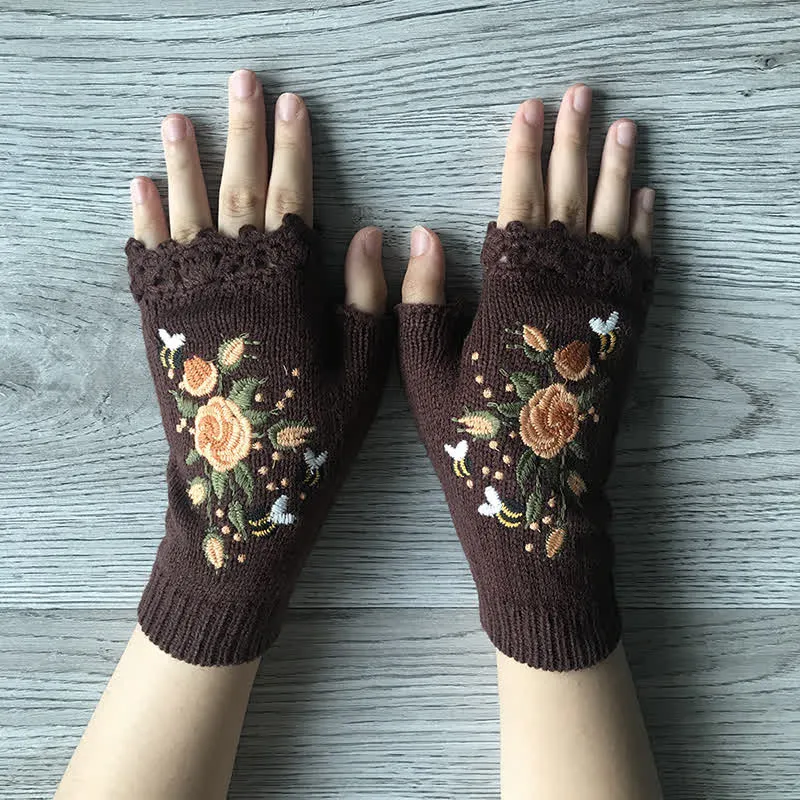 Women's Flower Embroidered Half Finger Knit Gloves