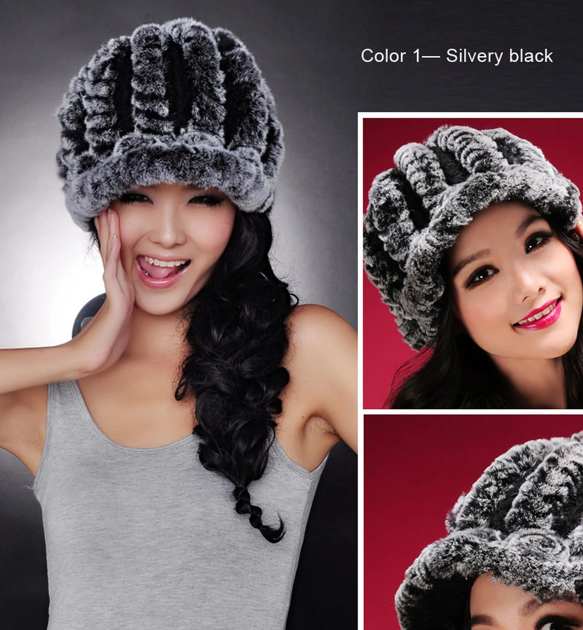 Women's Hats Winter Real Rex Rabbit Fur Hat Wool Visor Ski Hat Cap 13615