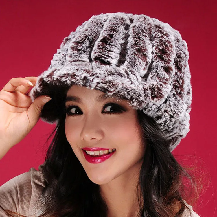 Women's Hats Winter Real Rex Rabbit Fur Hat Wool Visor Ski Hat Cap 13615