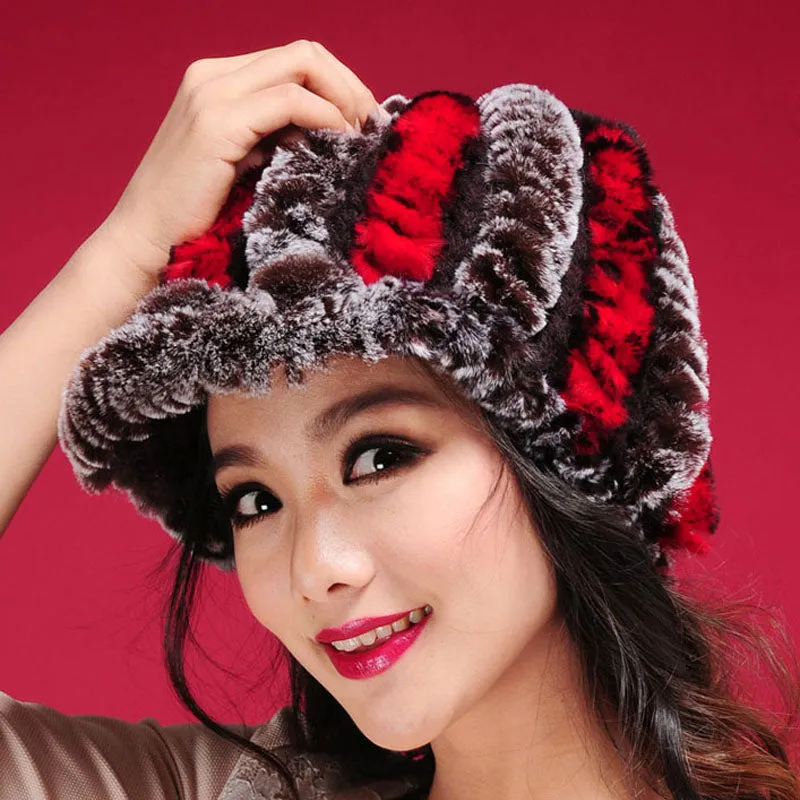 Women's Hats Winter Real Rex Rabbit Fur Hat Wool Visor Ski Hat Cap 13615