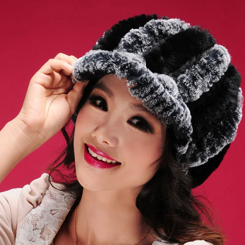 Women's Hats Winter Real Rex Rabbit Fur Hat Wool Visor Ski Hat Cap 13615