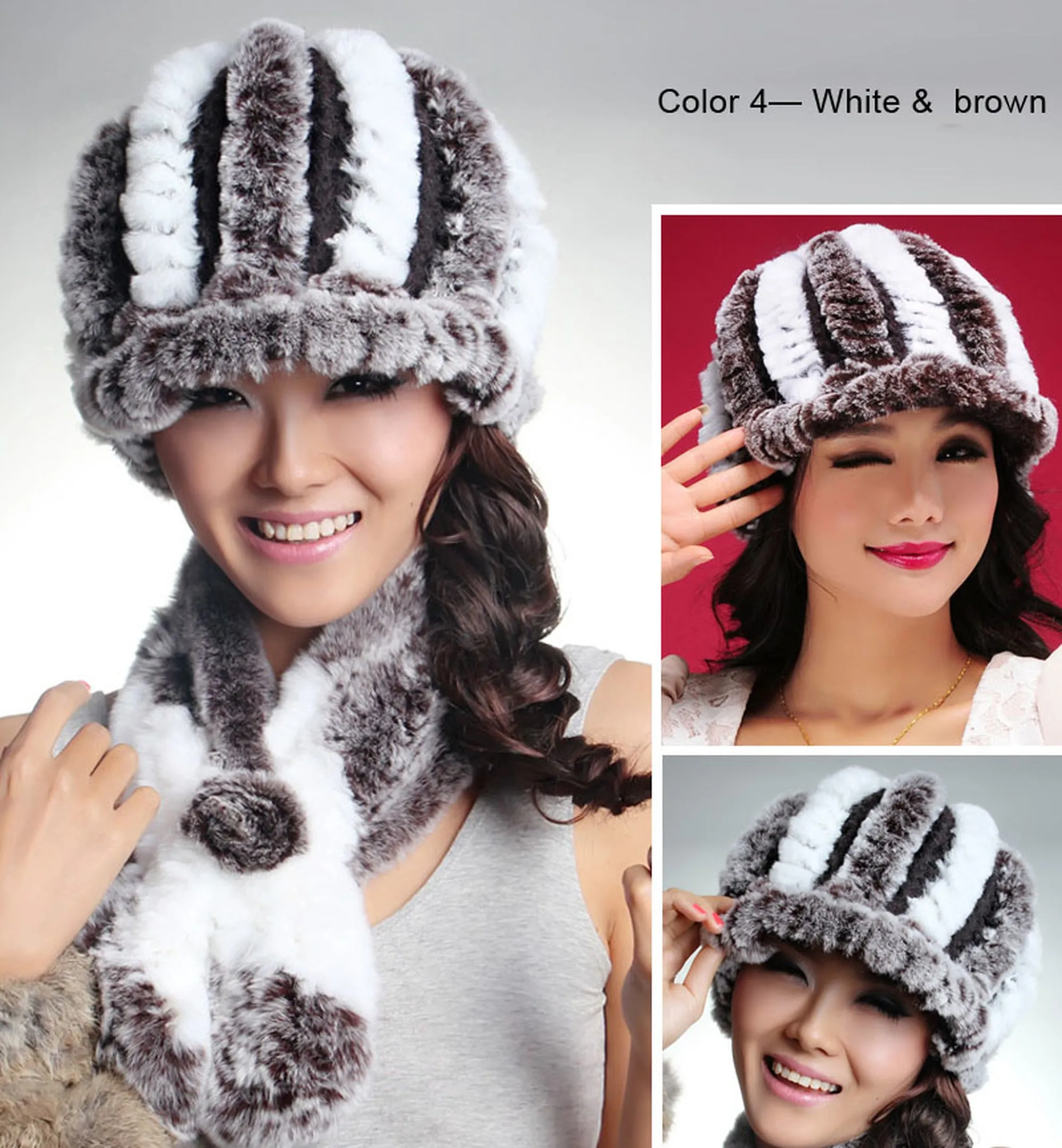 Women's Hats Winter Real Rex Rabbit Fur Hat Wool Visor Ski Hat Cap 13615