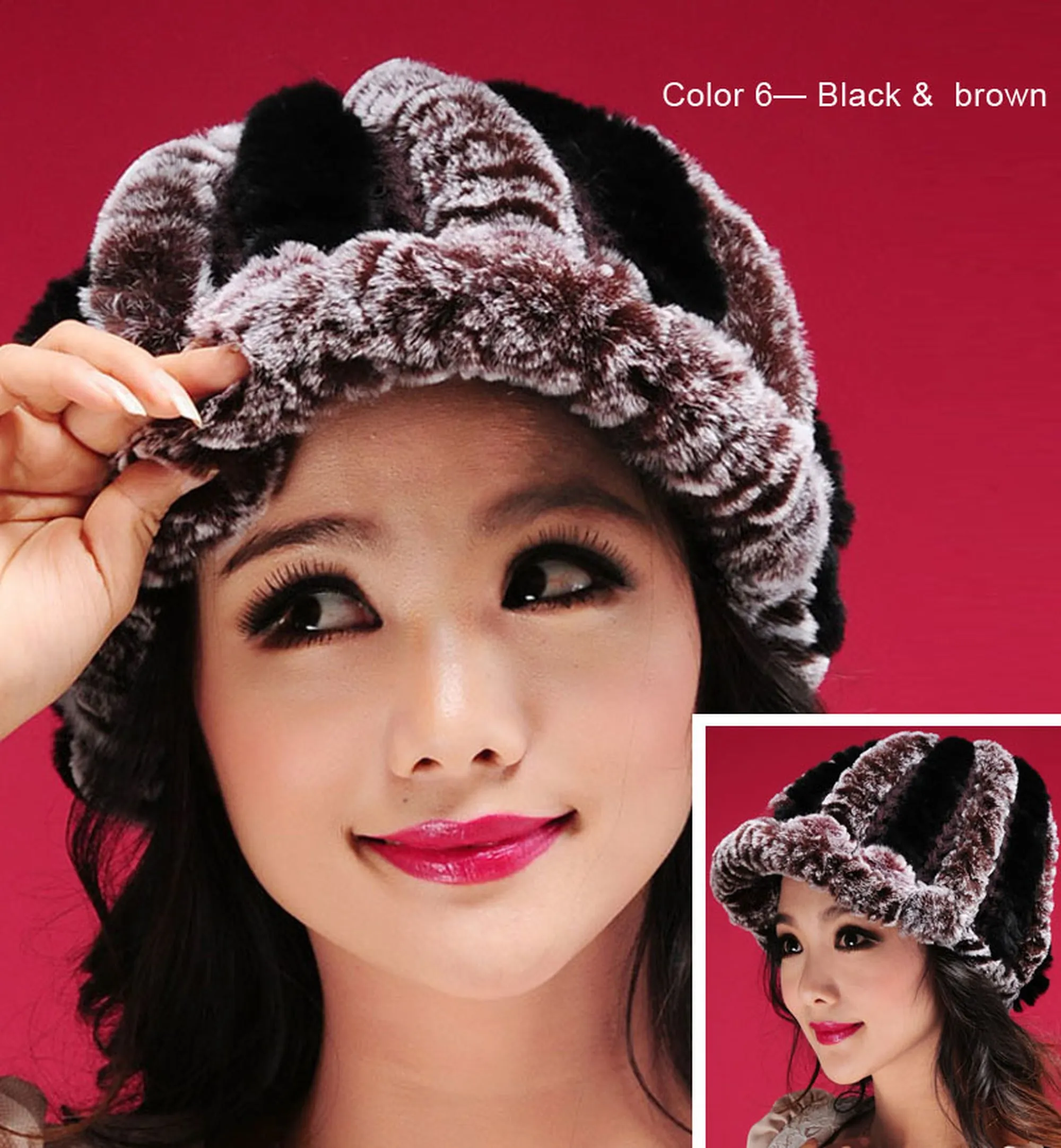 Women's Hats Winter Real Rex Rabbit Fur Hat Wool Visor Ski Hat Cap 13615