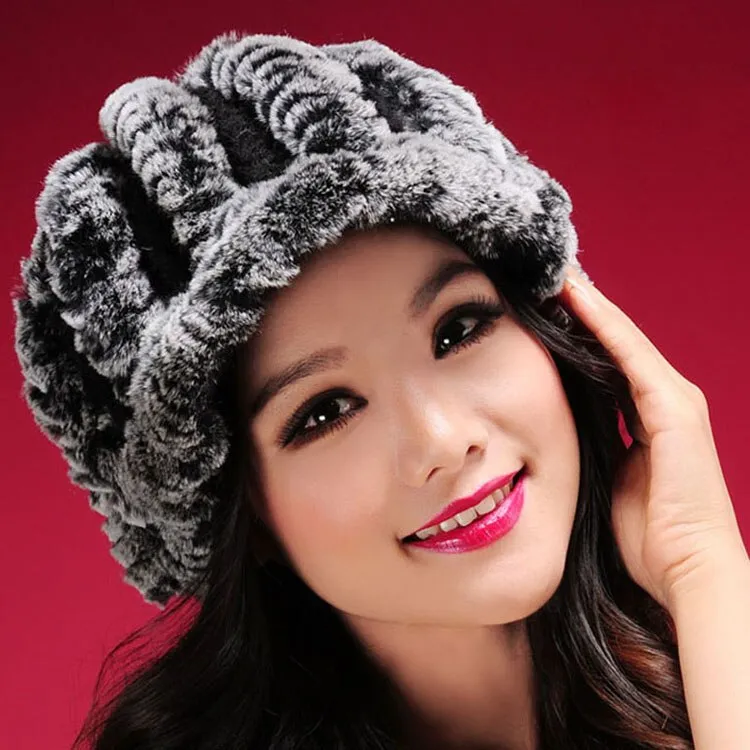 Women's Hats Winter Real Rex Rabbit Fur Hat Wool Visor Ski Hat Cap 13615