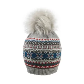 Women’s Jacquard Fair Isle Knitted Bobble Hat with Faux Fur Pom Pom