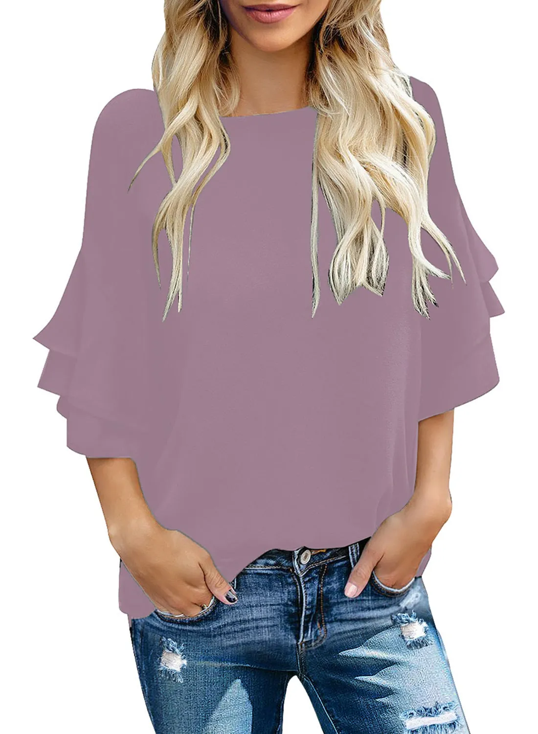 Women's Summer Blouse Casual Ruffle 3/4 Sleeve Tops Loose Shirts