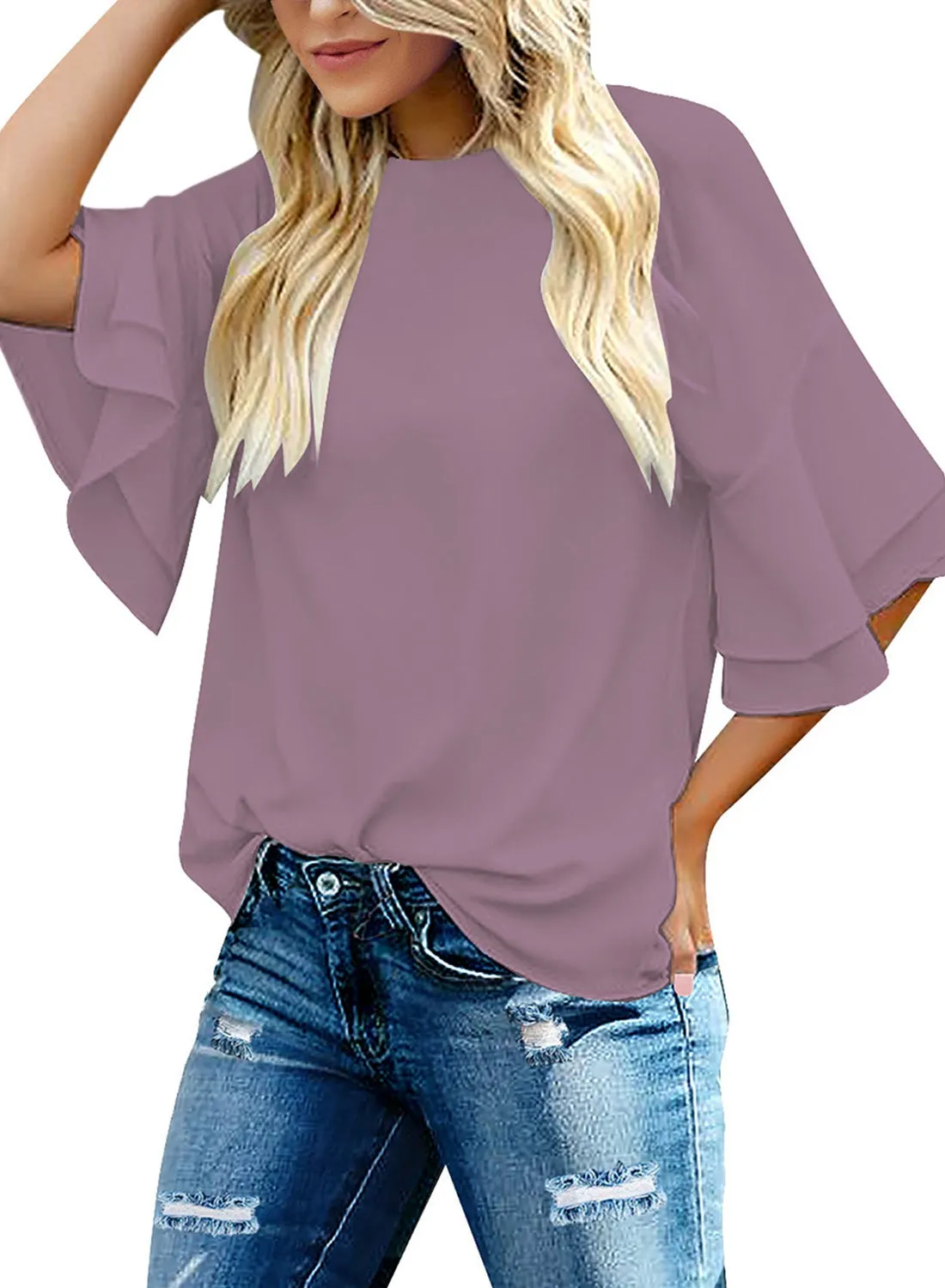 Women's Summer Blouse Casual Ruffle 3/4 Sleeve Tops Loose Shirts