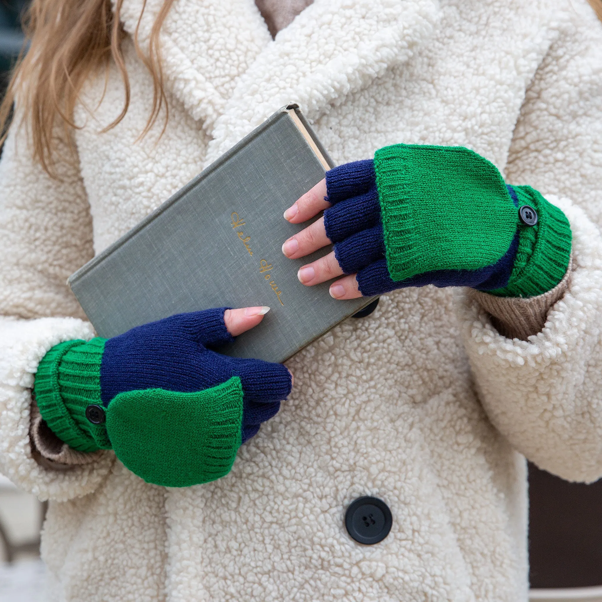 Women’s Two-Tone Knitted Fingerless Gloves with Mitten Flap