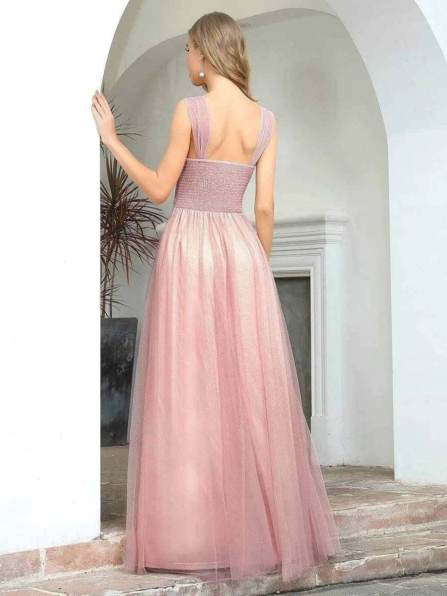 Women's V-Neck Floor Length Sparkling Tulle Bridesmaid Dress