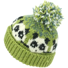 Wool Knit Bobble Beanie Hat - Panda - Green Grey