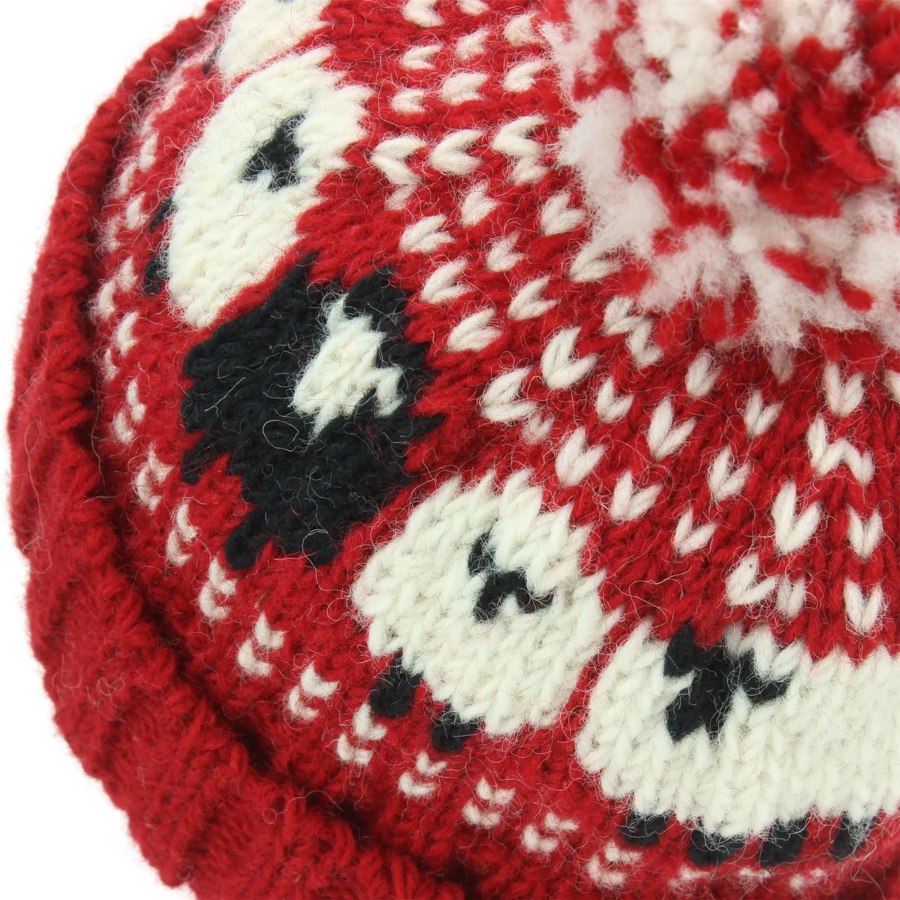 Wool Knit Bobble Beanie Hat - Sheep - Red White