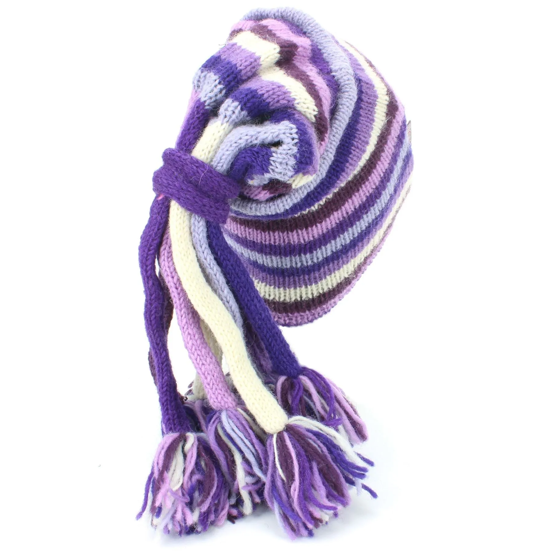 Wool Knit 'Fountain' Tassels Beanie Hat - Purples