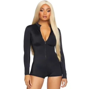 Zipper Front Long Sleeved Matte Romper - Small -  Black